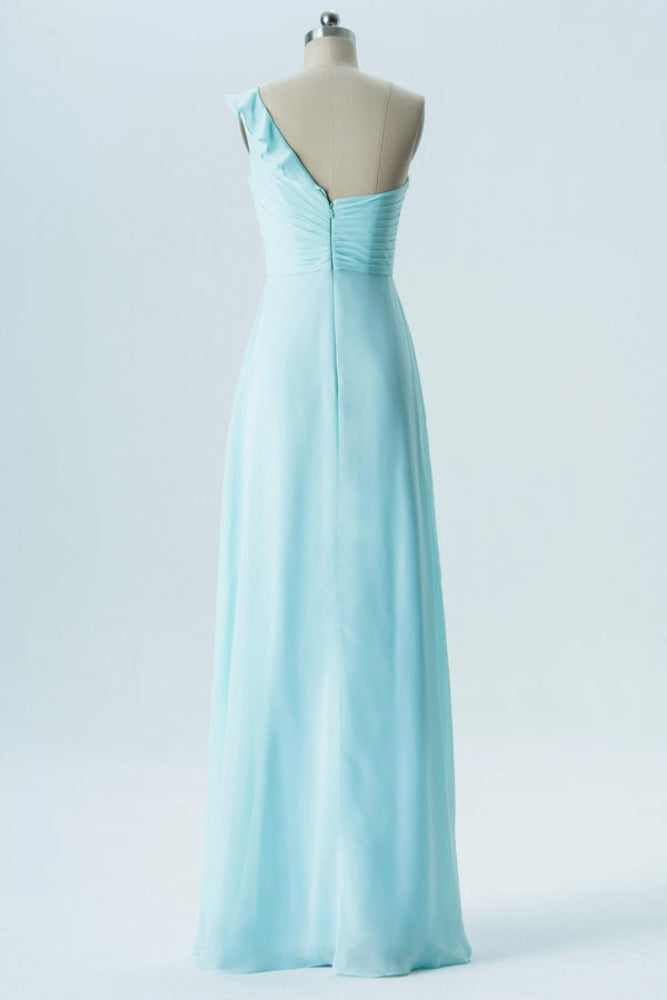 Mint Blue One Shoulder Chiffon Bridesmaid Dress