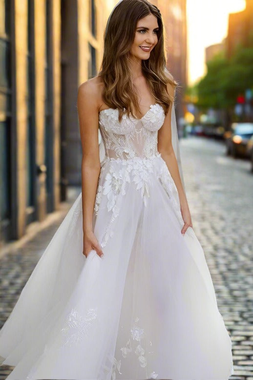 Champagne Strapless Applique A-Line Bridal Dress