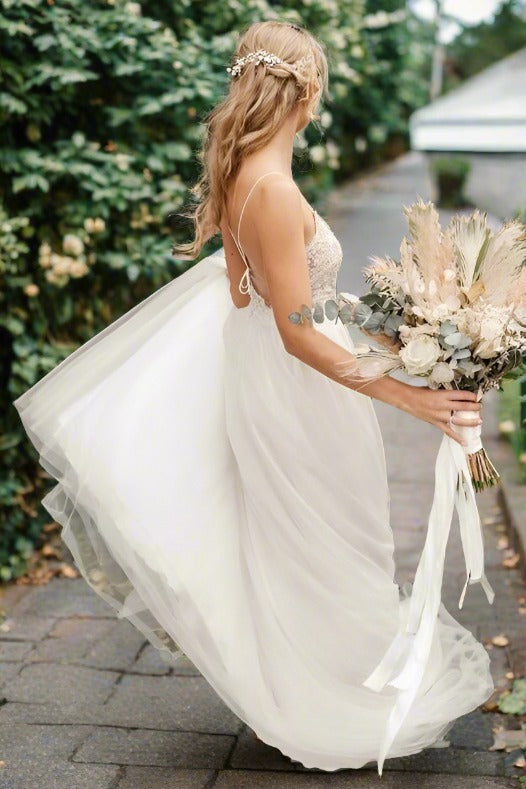 Ivory Spaghetti Straps Lace Tulle Wedding Dress