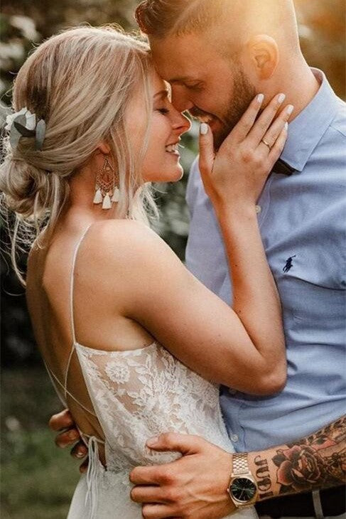 Ivory Spaghetti Straps Lace Tulle Wedding Dress