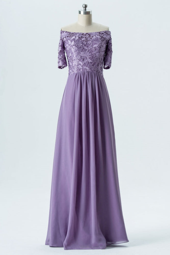 Dusty Purple Off the Shoulder Lace Bridesmaid Dress