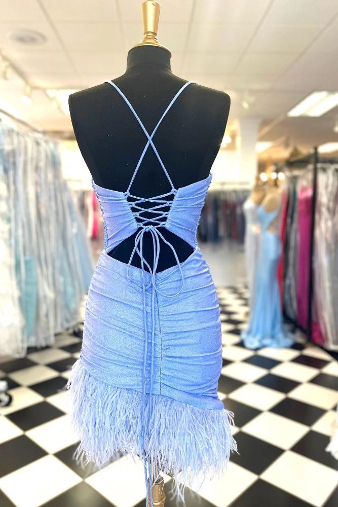 Light Blue Spaghetti Straps Tight Homecoming Dress with Feathers