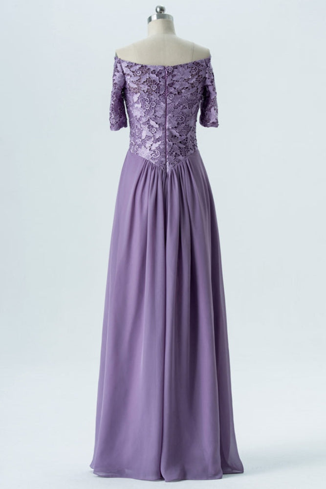 Dusty Purple Off the Shoulder Lace Bridesmaid Dress