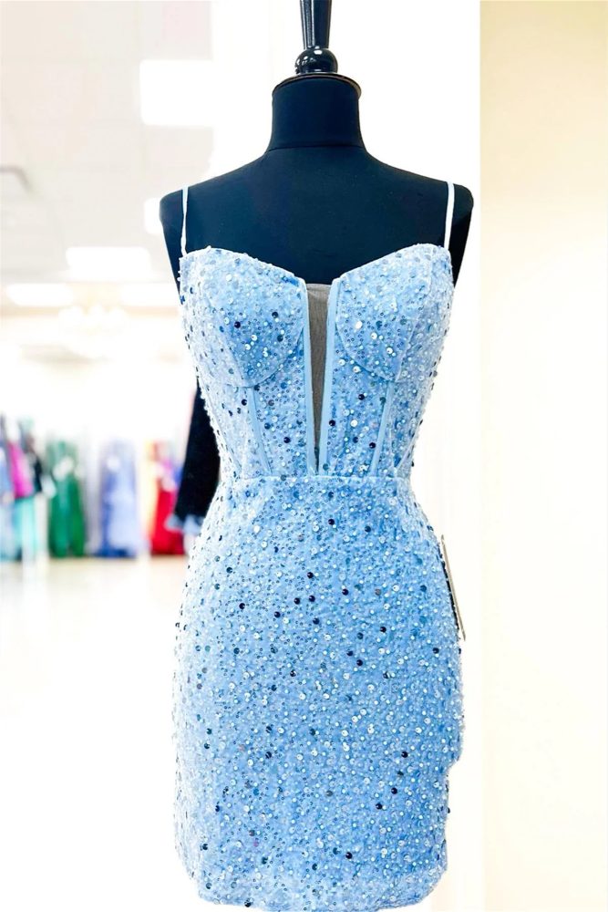 Blue Spaghetti Straps Sequins Tight Homecoming Dress