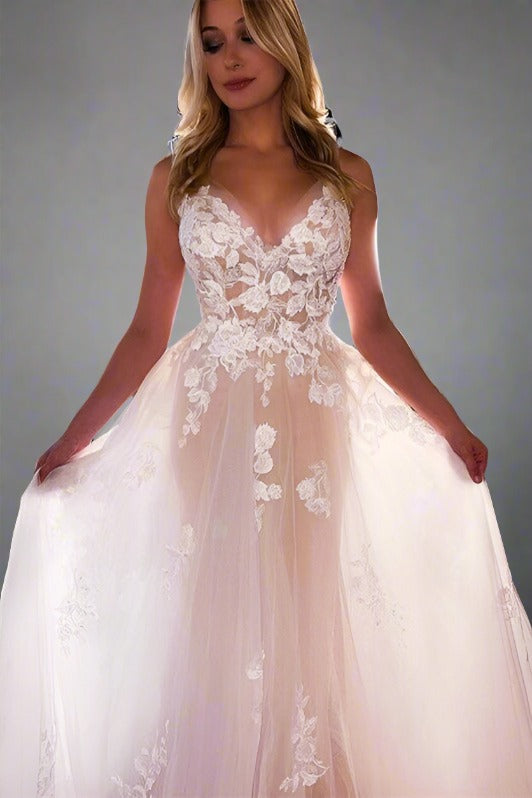 Champagne V-Neck Applique A-Line Bridal Dress