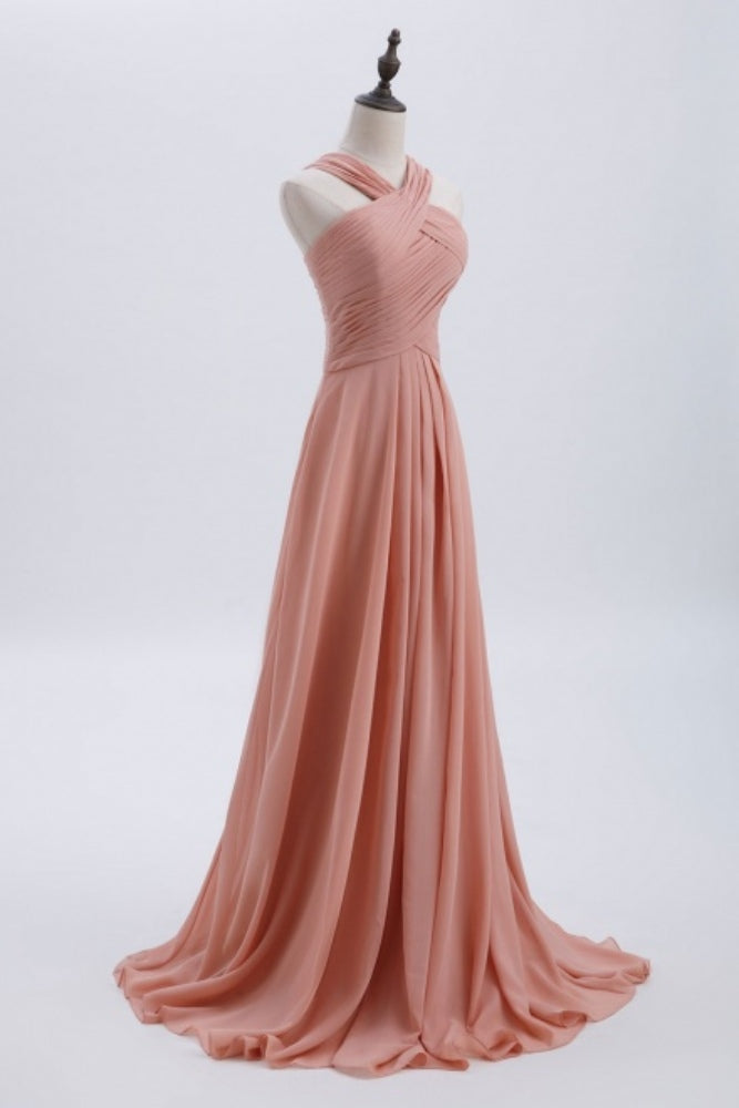 Light Coral Criss Cross Halter Pleated Long Bridesmaid Dress