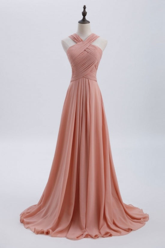 Light Coral Criss Cross Halter Pleated Long Bridesmaid Dress