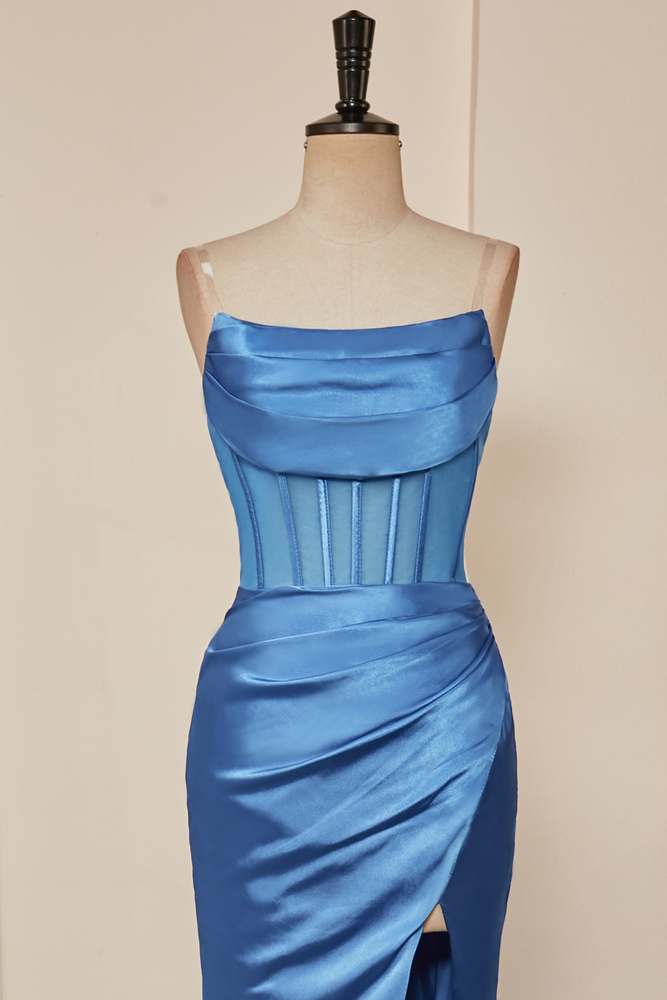 Blue Satin Strapless High Slit Mermaid  Long Prom Dress