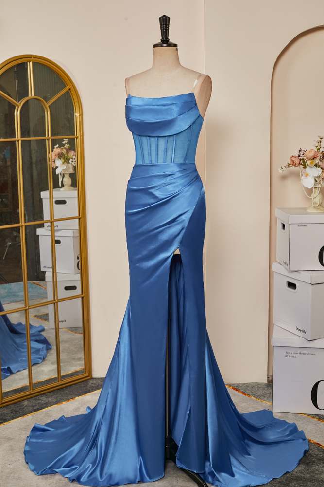 Blue Satin Strapless High Slit Mermaid  Long Prom Dress