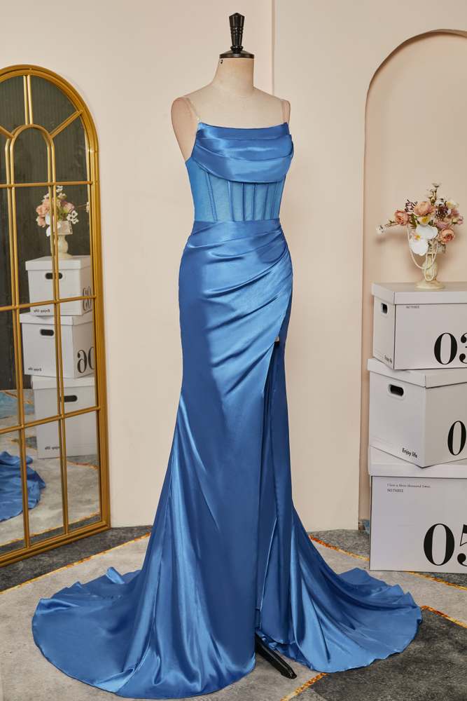 Blue Satin Strapless High Slit Mermaid  Long Prom Dress