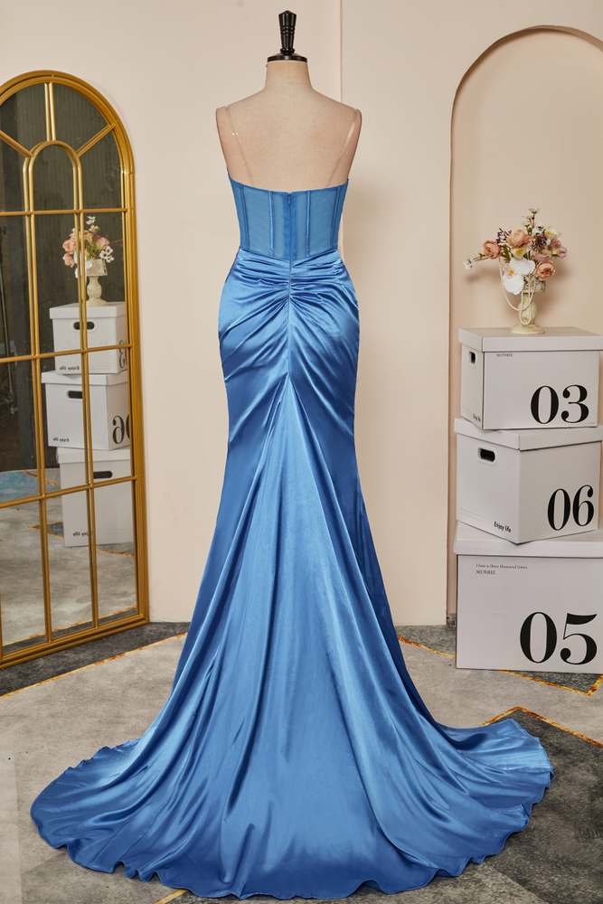 Blue Satin Strapless High Slit Mermaid  Long Prom Dress