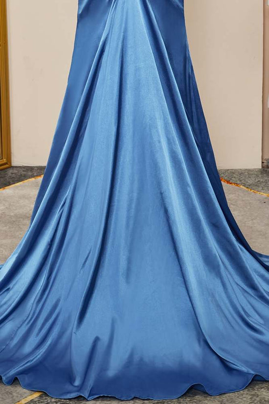 Blue Satin Strapless High Slit Mermaid  Long Prom Dress