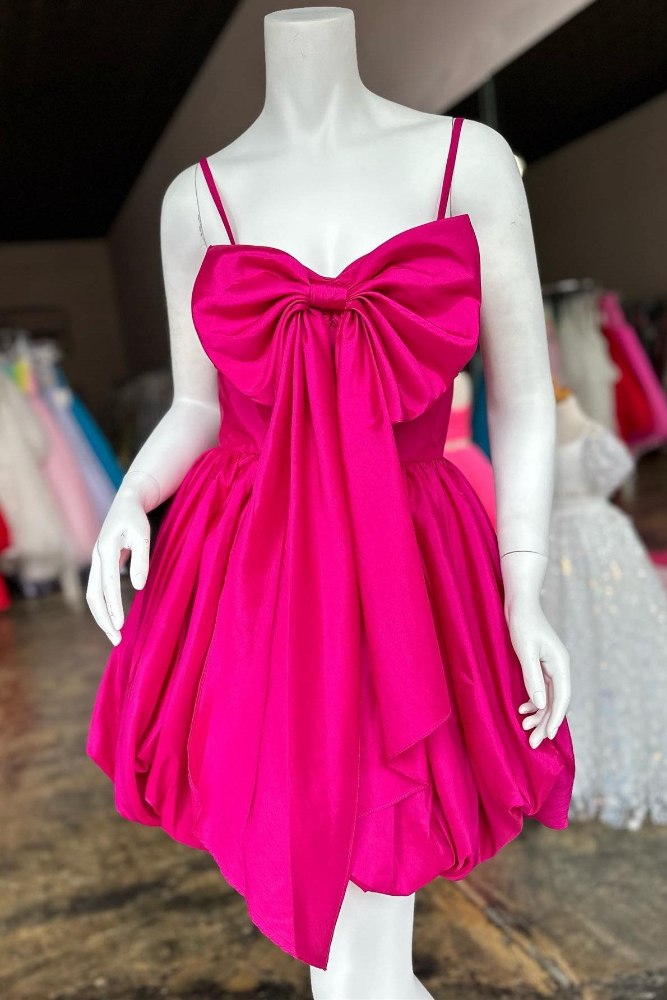 Hot Pink Spaghetti Straps A-line Homecoming Dress with Bow