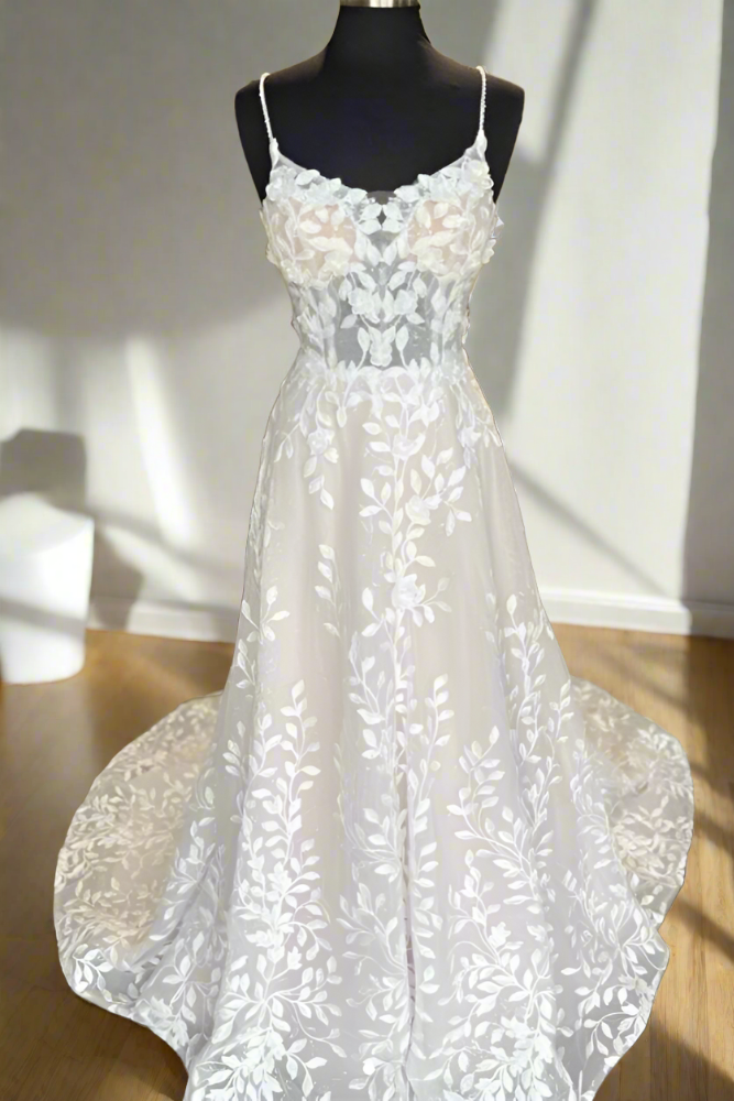 Ivory Spaghetti Straps Lace Long Bridal Dress with 3D Floral