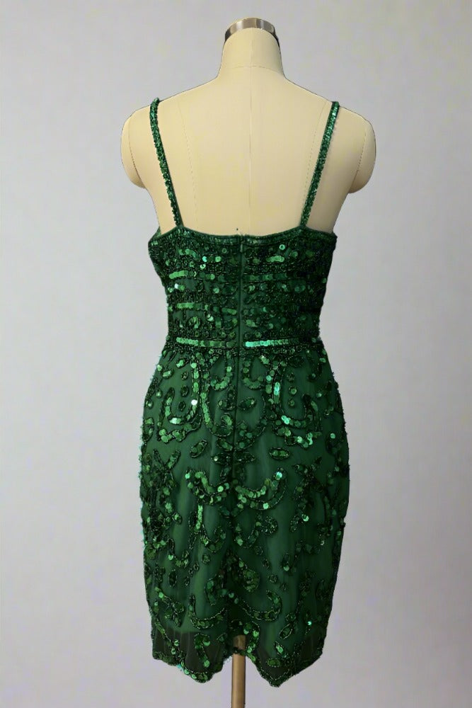 Hunter Green V-Neck Sequin Tight Homecoming Dress