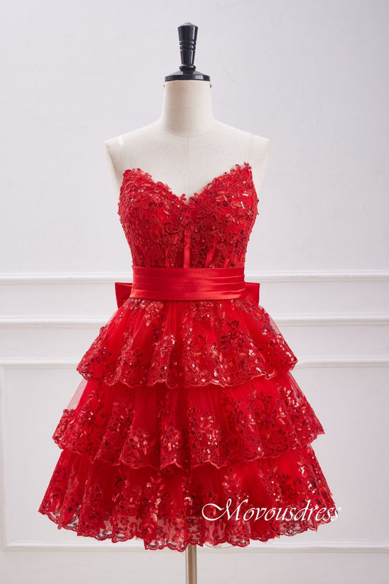 Red Strapless Ruffle Homecoming Dress with Bow