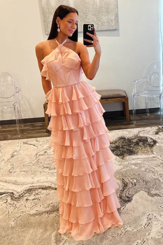 Pink Halter Ruffle A-Line Long Prom Dress