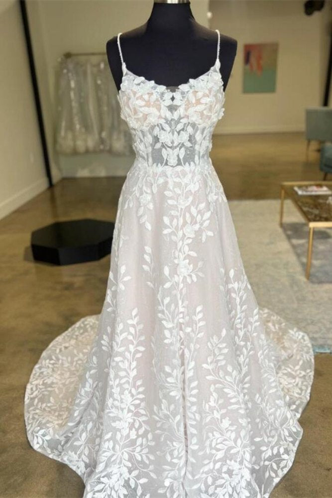 Ivory Spaghetti Straps Lace Long Bridal Dress with 3D Floral