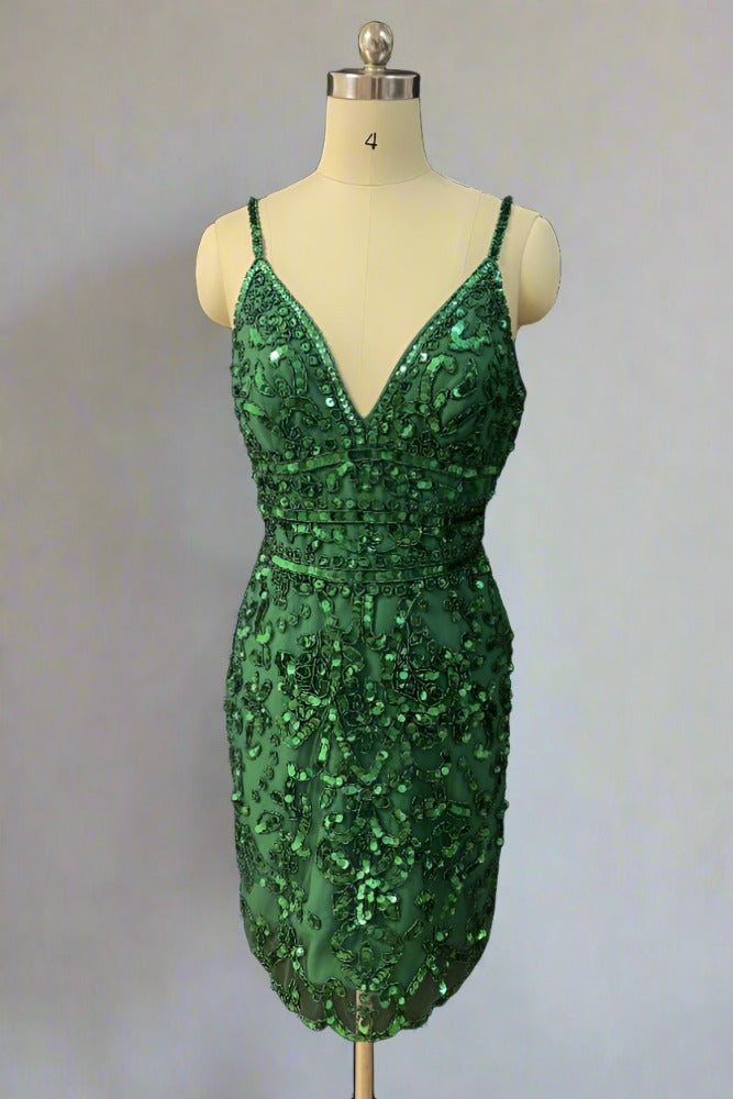 Hunter Green V-Neck Sequin Tight Homecoming Dress