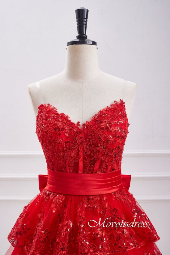 Red Strapless Ruffle Homecoming Dress with Bow