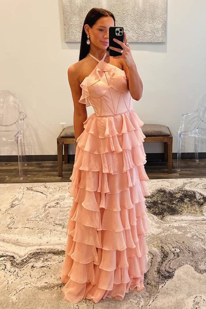 Pink Halter Ruffle A-Line Long Prom Dress