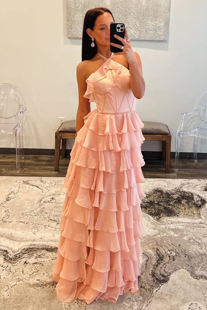 Pink Halter Ruffle A-Line Long Prom Dress