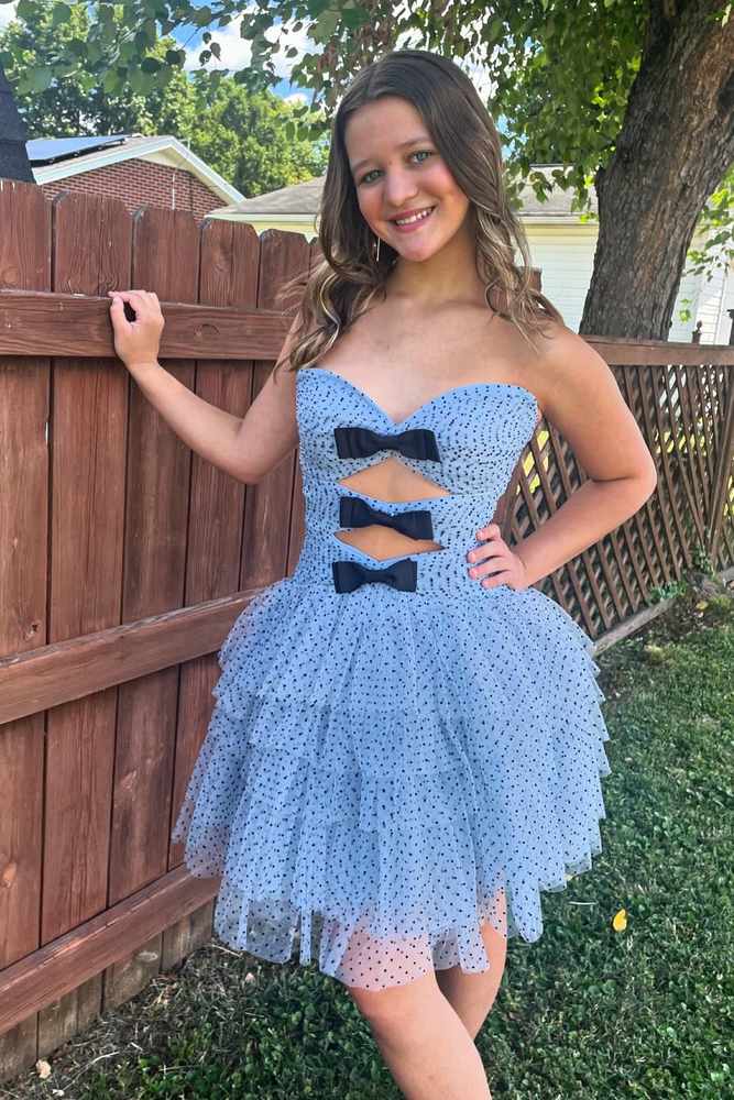 Light Blue Strapless Layered Tulle Homecoming Dress with Black Dot