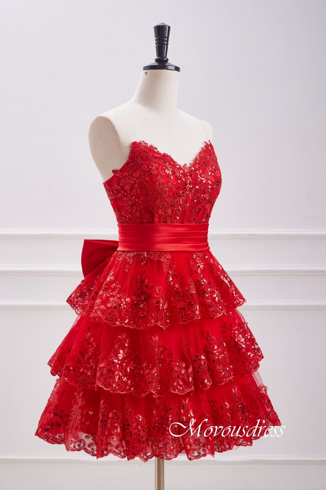 Red Strapless Ruffle Homecoming Dress with Bow