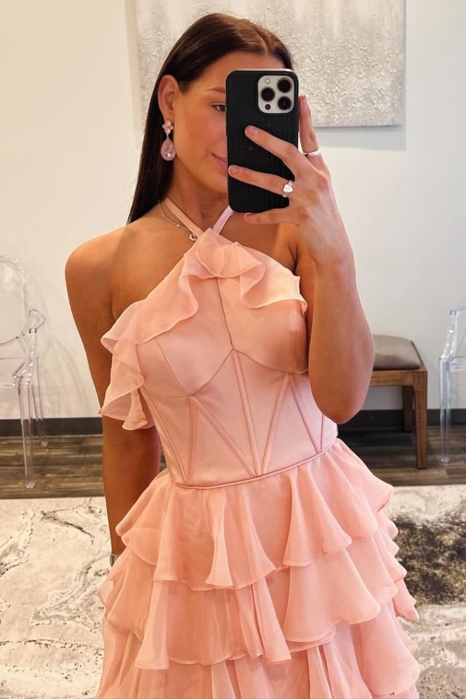 Pink Halter Ruffle A-Line Long Prom Dress