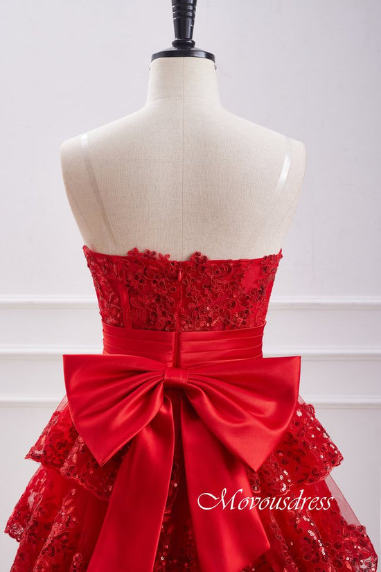 Red Strapless Ruffle Homecoming Dress with Bow