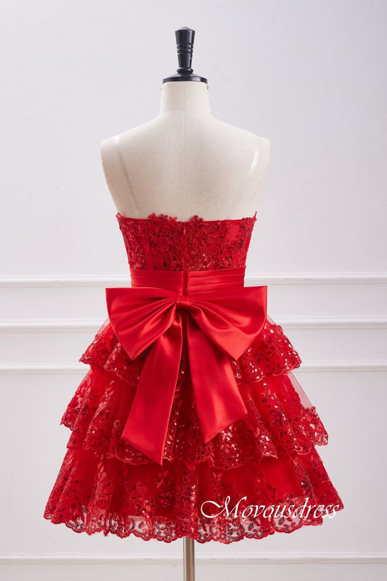 Red Strapless Ruffle Homecoming Dress with Bow