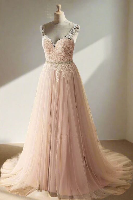 Dusty Pink Illusion Neck Applique Tulle Bridal Dress