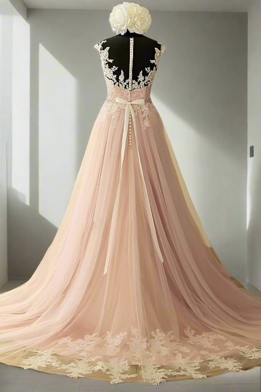 Dusty Pink Illusion Neck Applique Tulle Bridal Dress