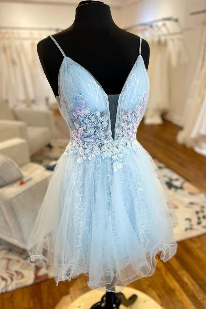 Light Blue Plunging Neck Emboridery Homecoming Dress with Open Back