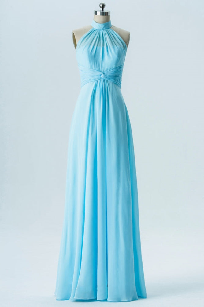 Light Blue Halter Bridesmaid Dress with Open Back