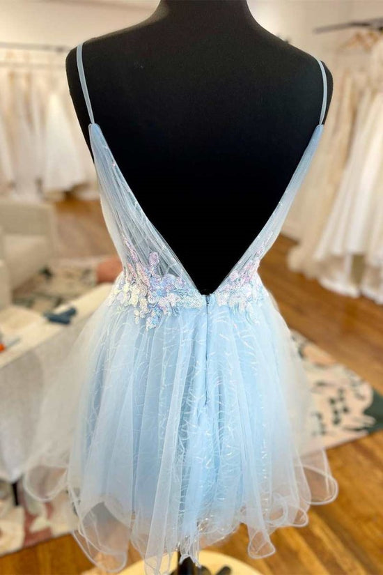 Light Blue Plunging Neck Emboridery Homecoming Dress with Open Back