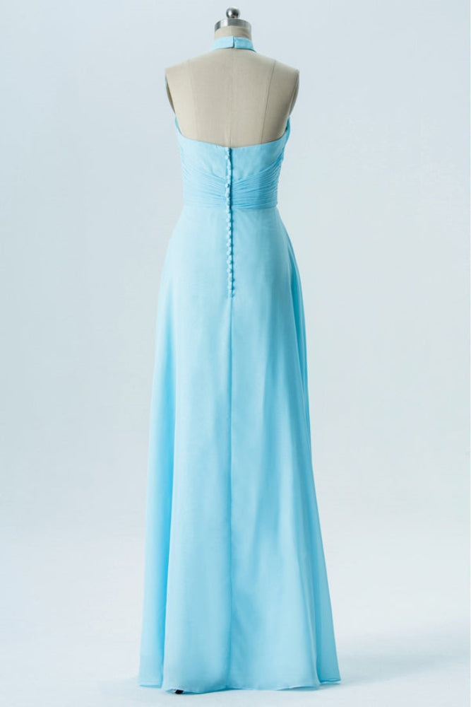 Light Blue Halter Bridesmaid Dress with Open Back