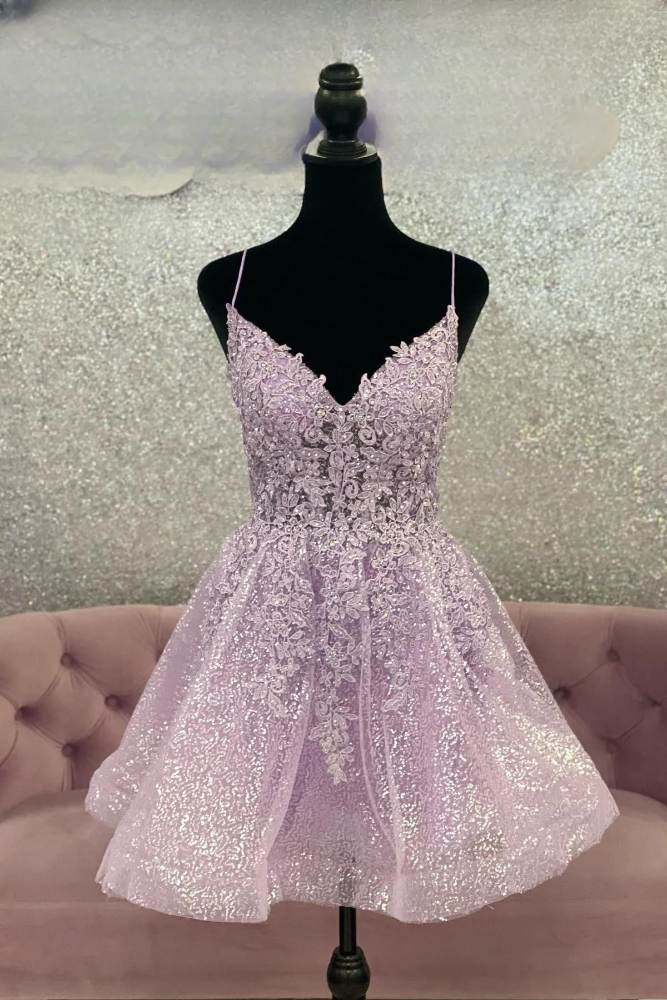 Lilac V-Neck Applique A-line Homecoming Dress