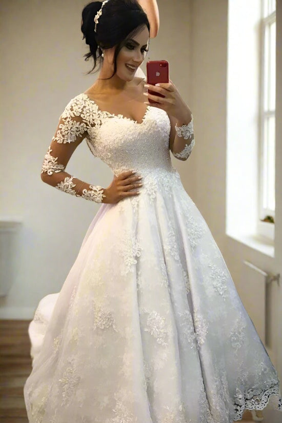 White V-Neck Applique Wedding Dress with Illusion Sleeves