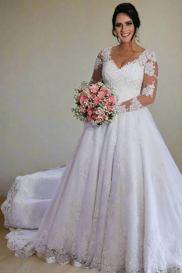 White V-Neck Applique Wedding Dress with Illusion Sleeves