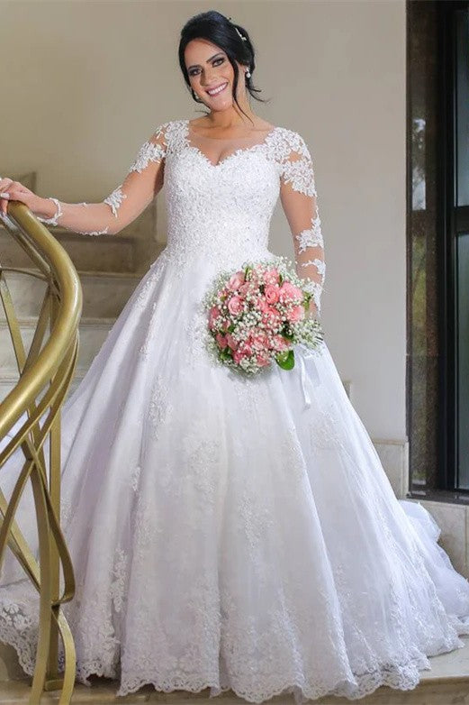 White V-Neck Applique Wedding Dress with Illusion Sleeves