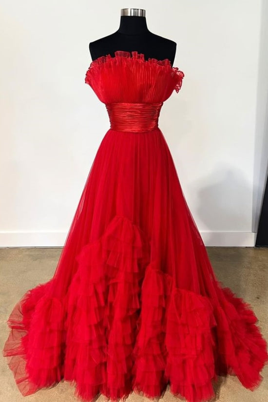 Strapless Red  A-Line Ruffle Tulle Prom Dress