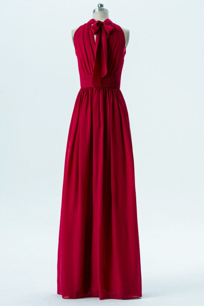 Red Halter A-Line Long Bridesmaid Dress with Bow