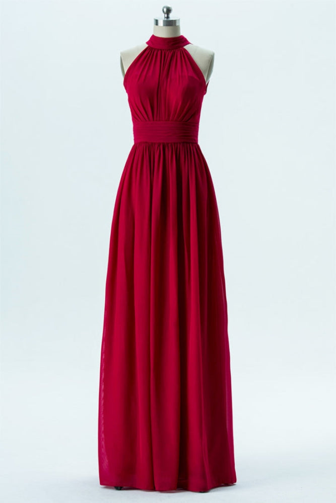 Red Halter A-Line Long Bridesmaid Dress with Bow