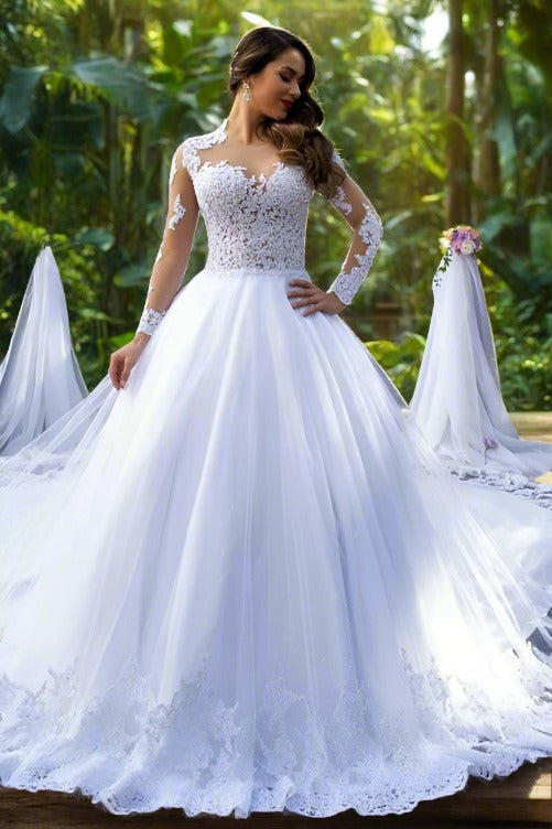 White Illusion Neck Lace A-Line Long Bridal Dress