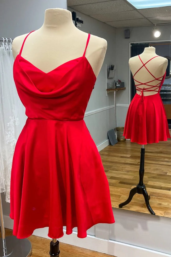 Red Cowl Neck A-Line Homecoming Dress with Lace-up