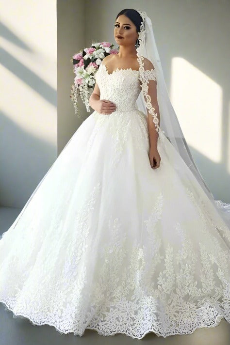 Ivory Off the Shoulder Applique A-Line Bridal Dress