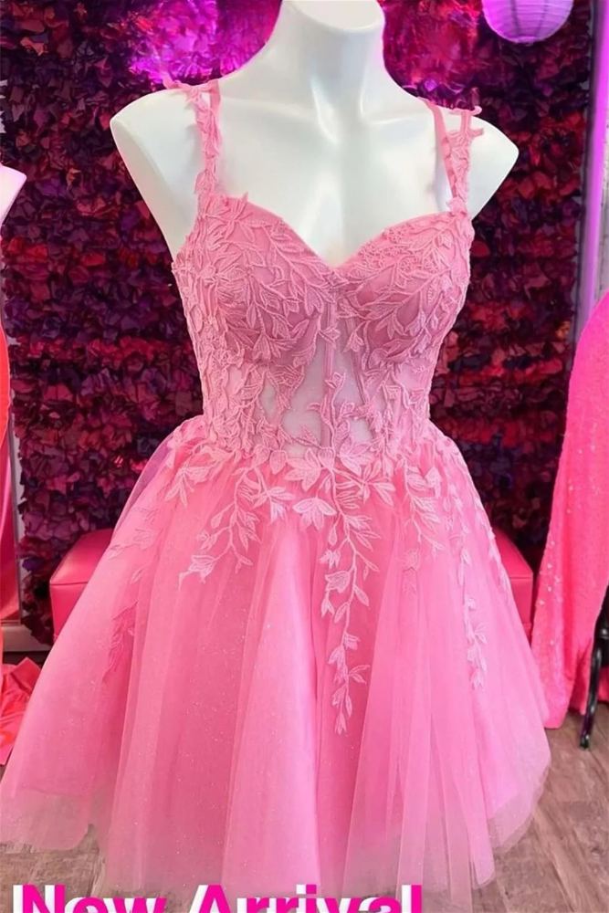 Blush Pink Straps A-Line Applique Tulle Ruffle Homecoming Dress