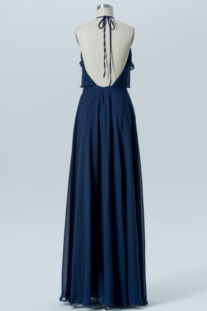Dark Navy Halter Ruffle Chiffon Bridesmaid Dress with Open Back Movousdress Dark Navy Halter Ruffle Chiffon Bridesmaid Dress with Open Back Movousdress