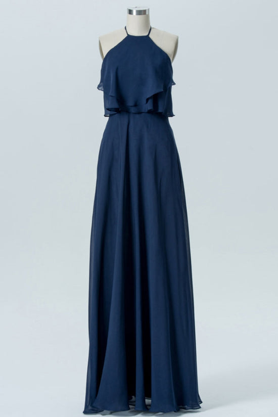 Dark Navy Halter Ruffle Chiffon Bridesmaid Dress with Open Back